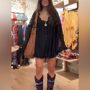 Free People Black Sheer Floral Blouse